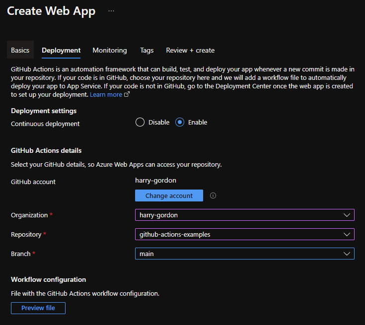 Screenshot of the Deployment tab when creating a Web App in Azure